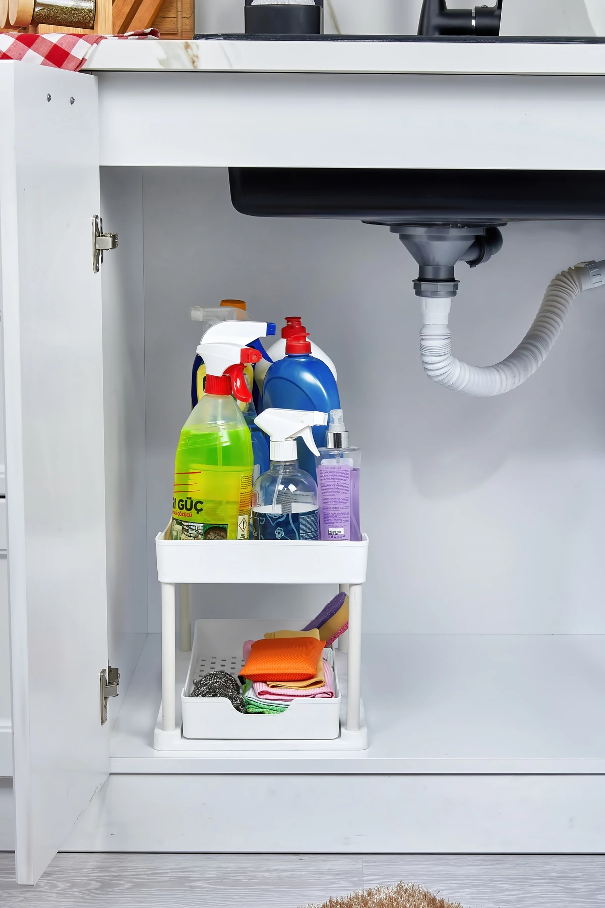 Beyaz 2 Katlı Sürgülü Dolapiçi Mutfak Banyo Dolap Tezgah Altı Evye Altı