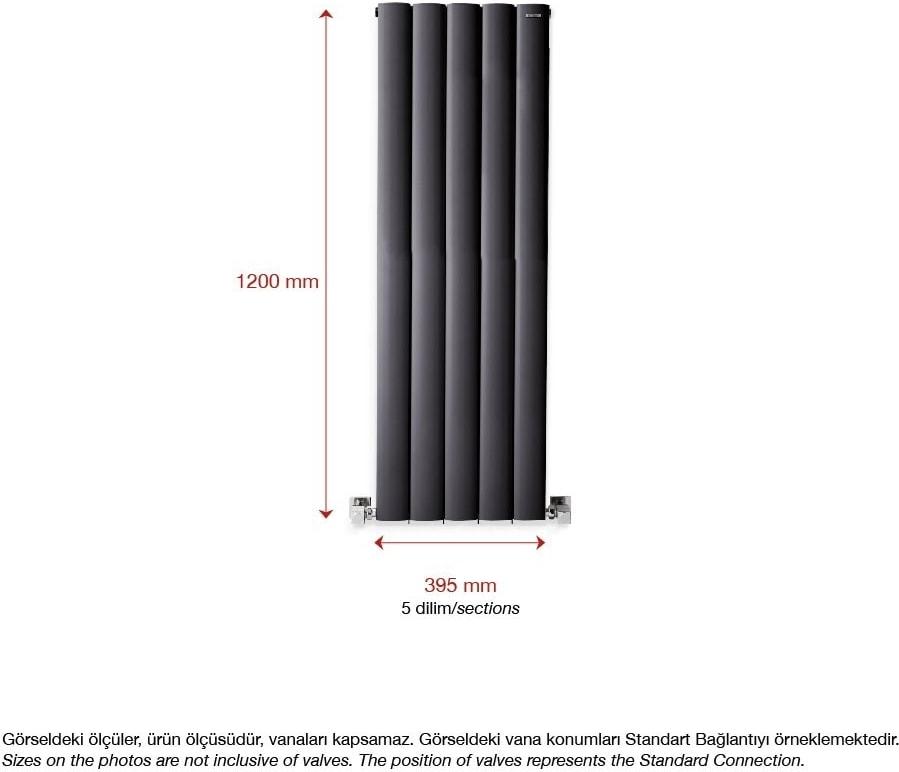 1200 x 395 mm Lilac Dikey Antrasit Alüminyum Radyatör Standart Bağlantı