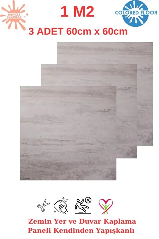 1m2 3 Adet 60X60cm Floor Yapışkanlı Zemin ve Duvar Kaplama Paneli Arkası Kauçuklu Pvc WC Paneli 607