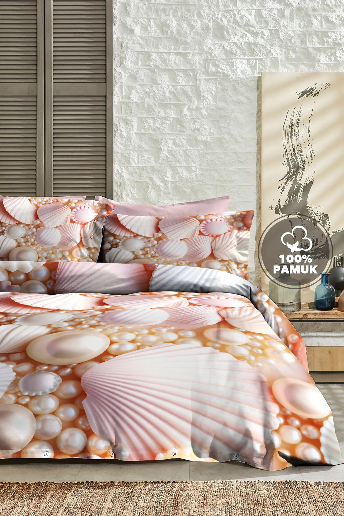 %100 Pamuk Ranforce Çeyizlik Luxury 5d Dijital Çift Kişilik Nevresim Takımı Pearls And Shells