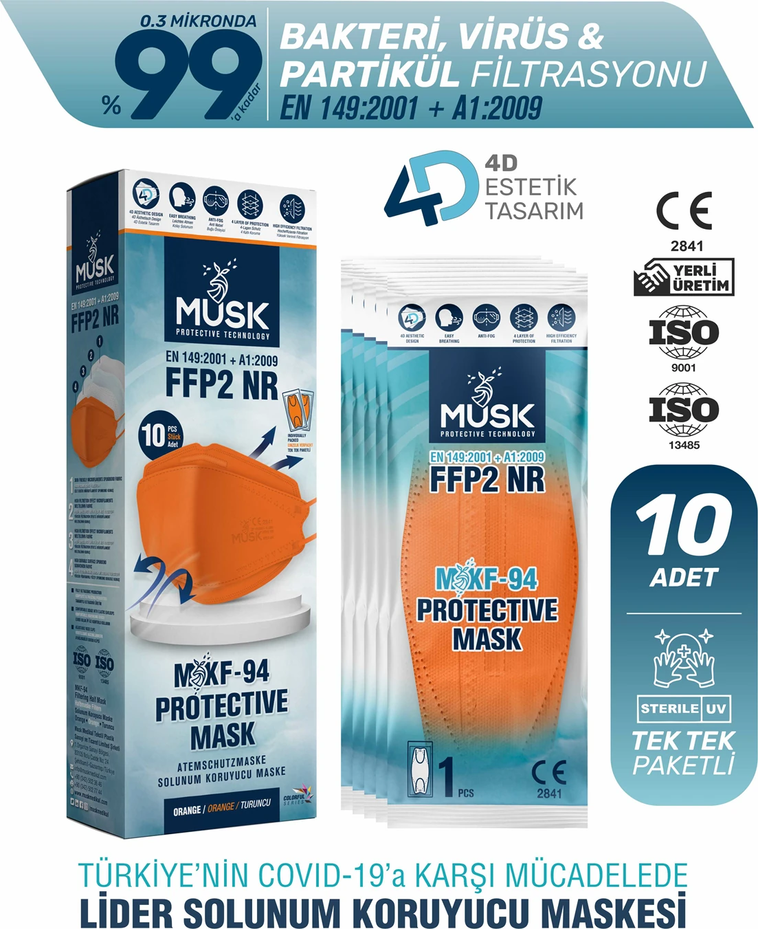 KF94 Kore Tipi Ffp2 Maske Turuncu Renk 10 Adet