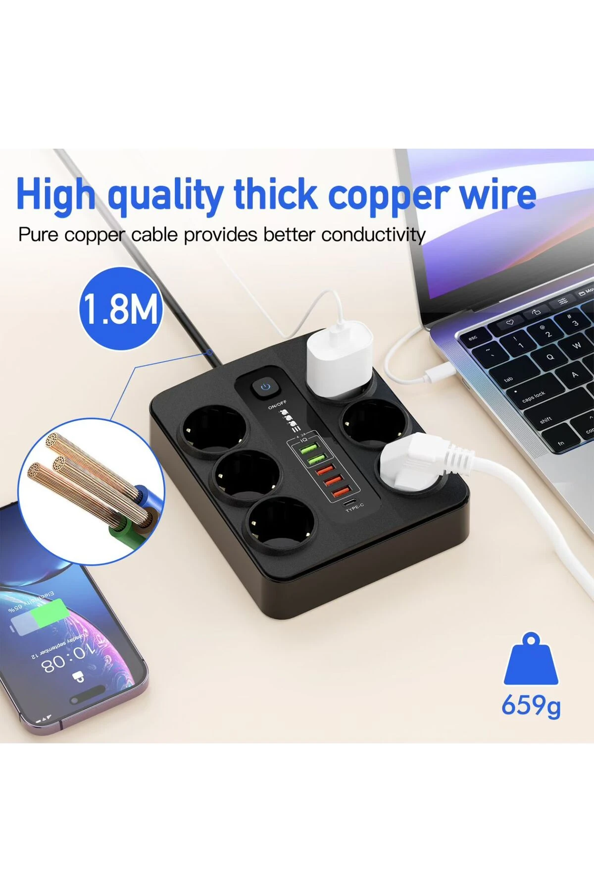 Termal Akım Korumalı 3000W 6’lı Priz – 2m Kablo – 5 USB + 1 Type-C PD Hızlı Şarj Beyaz