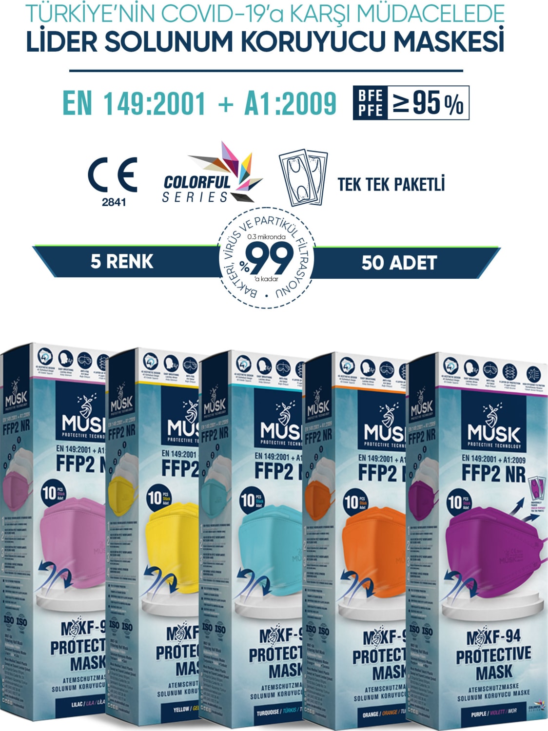 KF94 Kore Tipi N95 Maske 5 Renk 50 Adet (Lila, Sarı, Turkuaz, Turuncu, Mor)