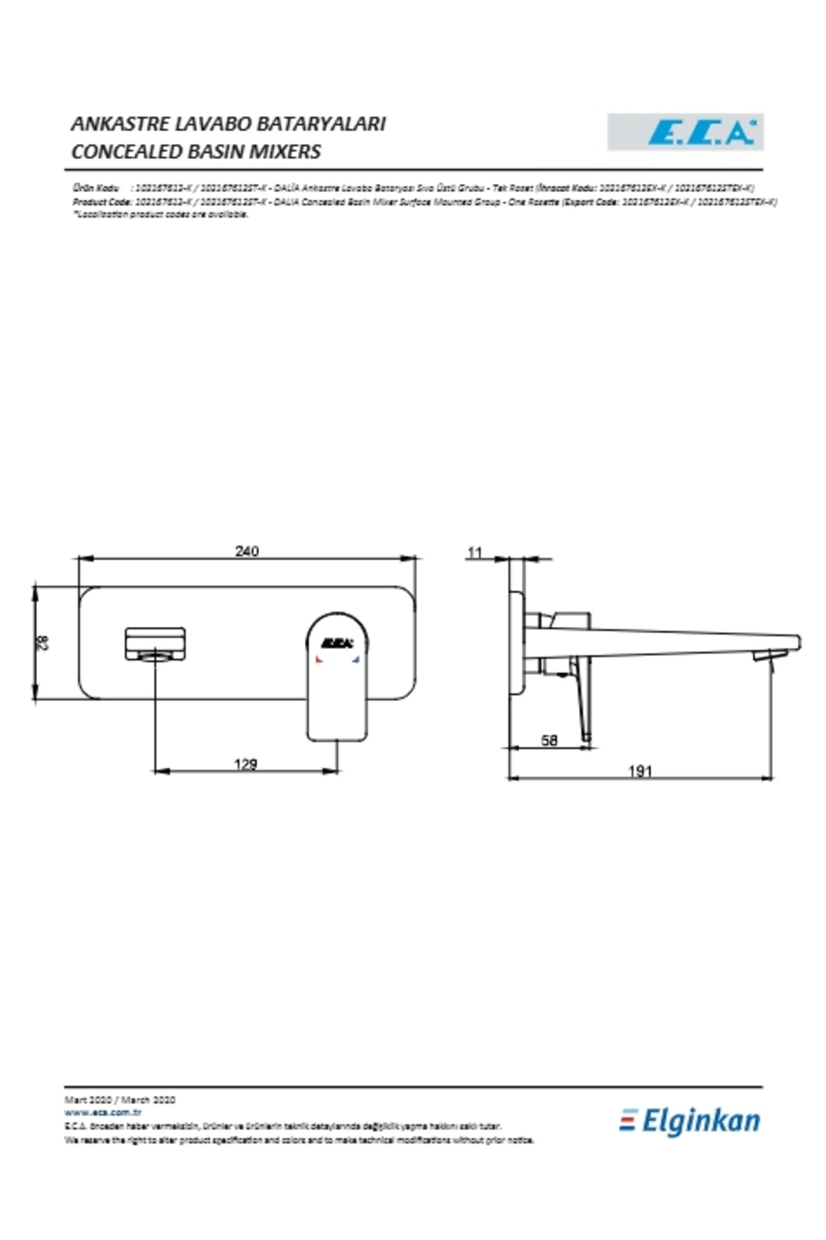 Dalia Ankastre Lavabo Batarya Tek Rozet