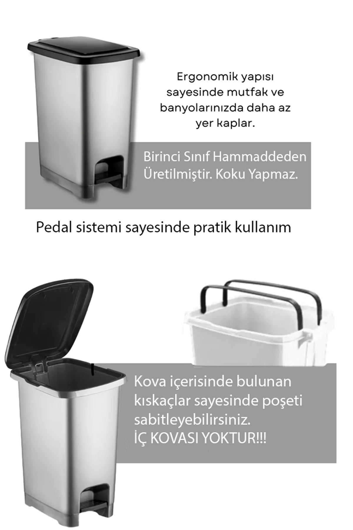 Banyo ve Mutfak İçin Pedallı Plastik Çöp Kovası ( iç kovasız) Metalik Gri