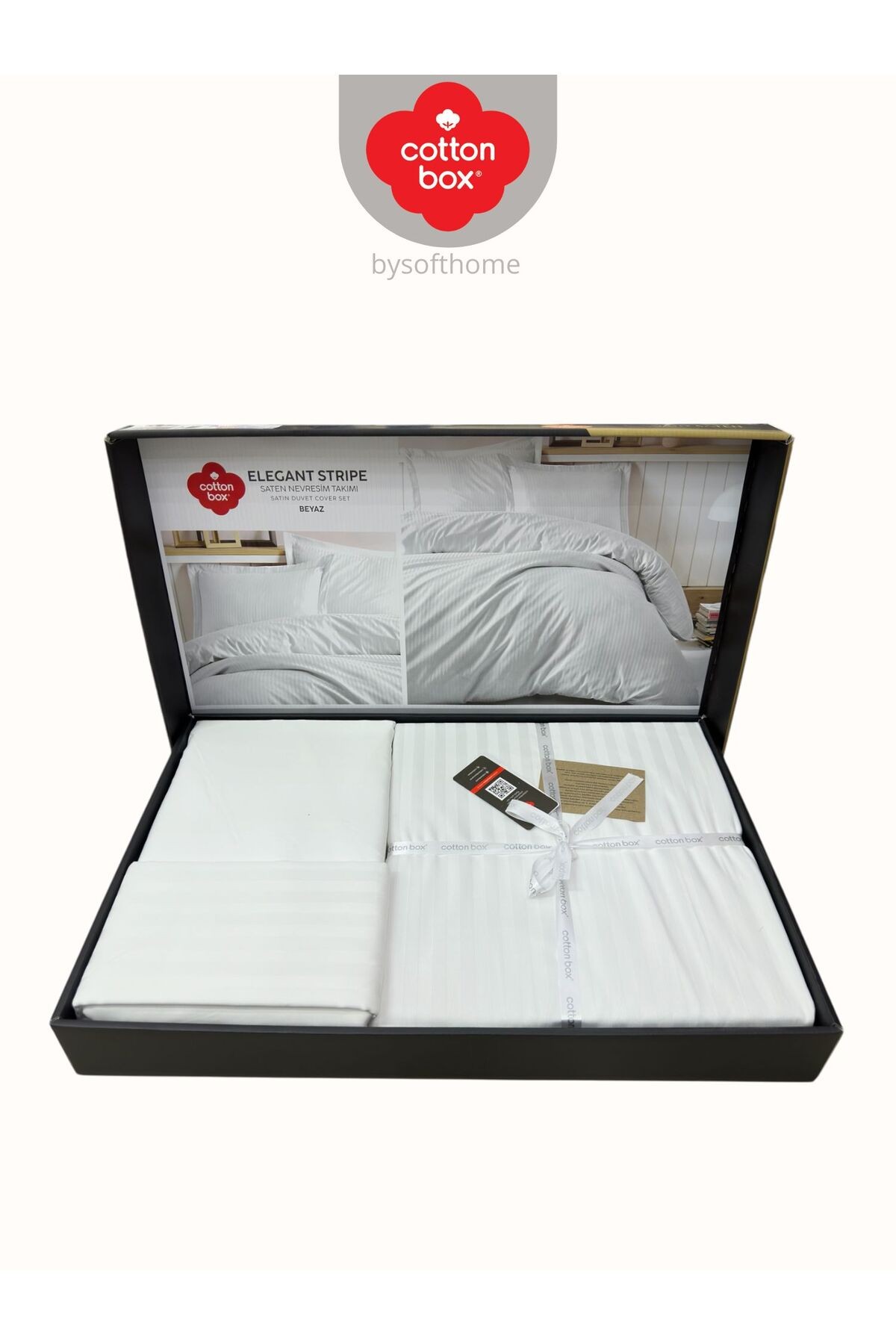 Elegant Stripe Beyaz Çift Kişilik Pamuk Saten Nevresim Takımı