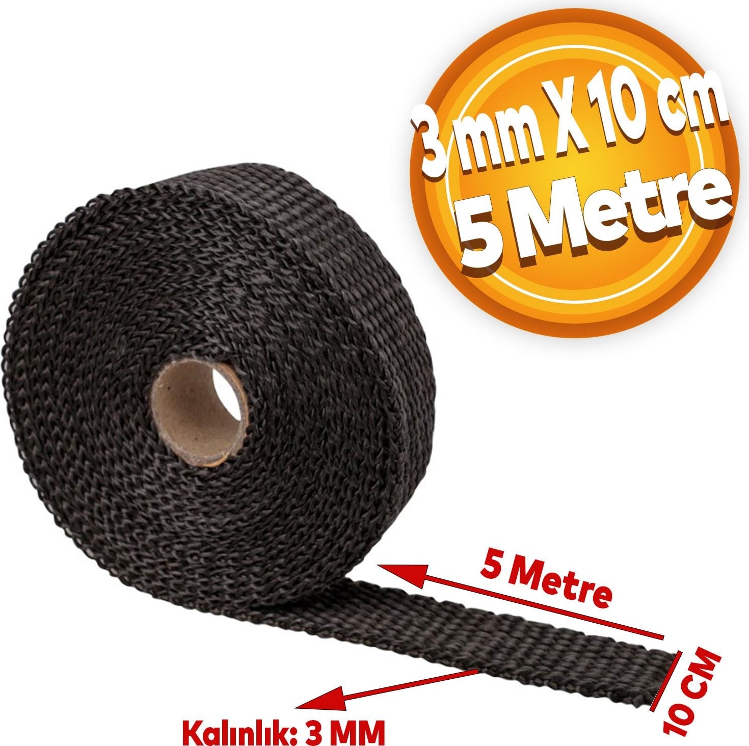 Cam Elyaf Egzos Sargısı Yanmaz Bant 3 mm x 10 cm 5 Metre Amyant Bant Siyah Sıcaklık Önler Bant
