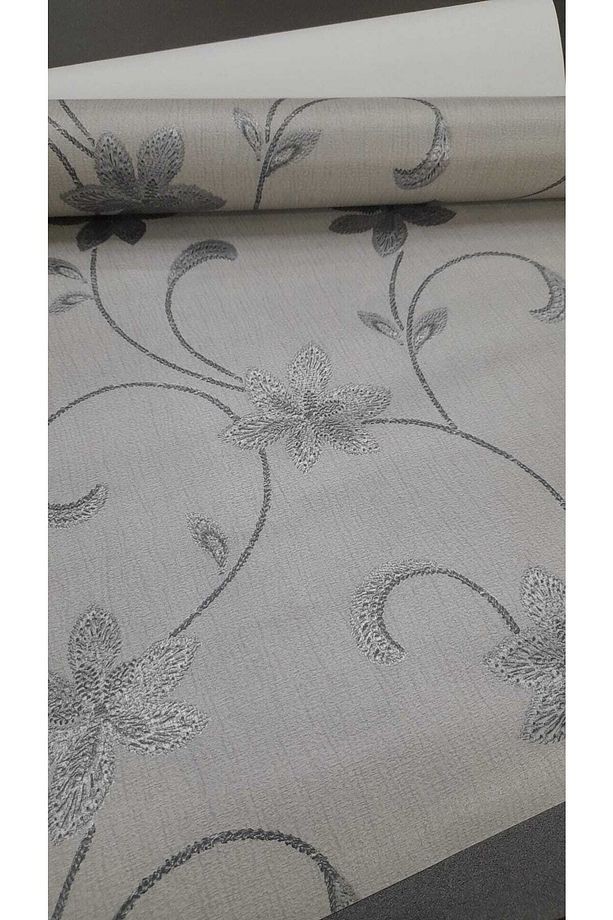 Modern Çiçek Desenli Gri Üzerine Gümüş Detaylı Duvar Kağıdı 5m2