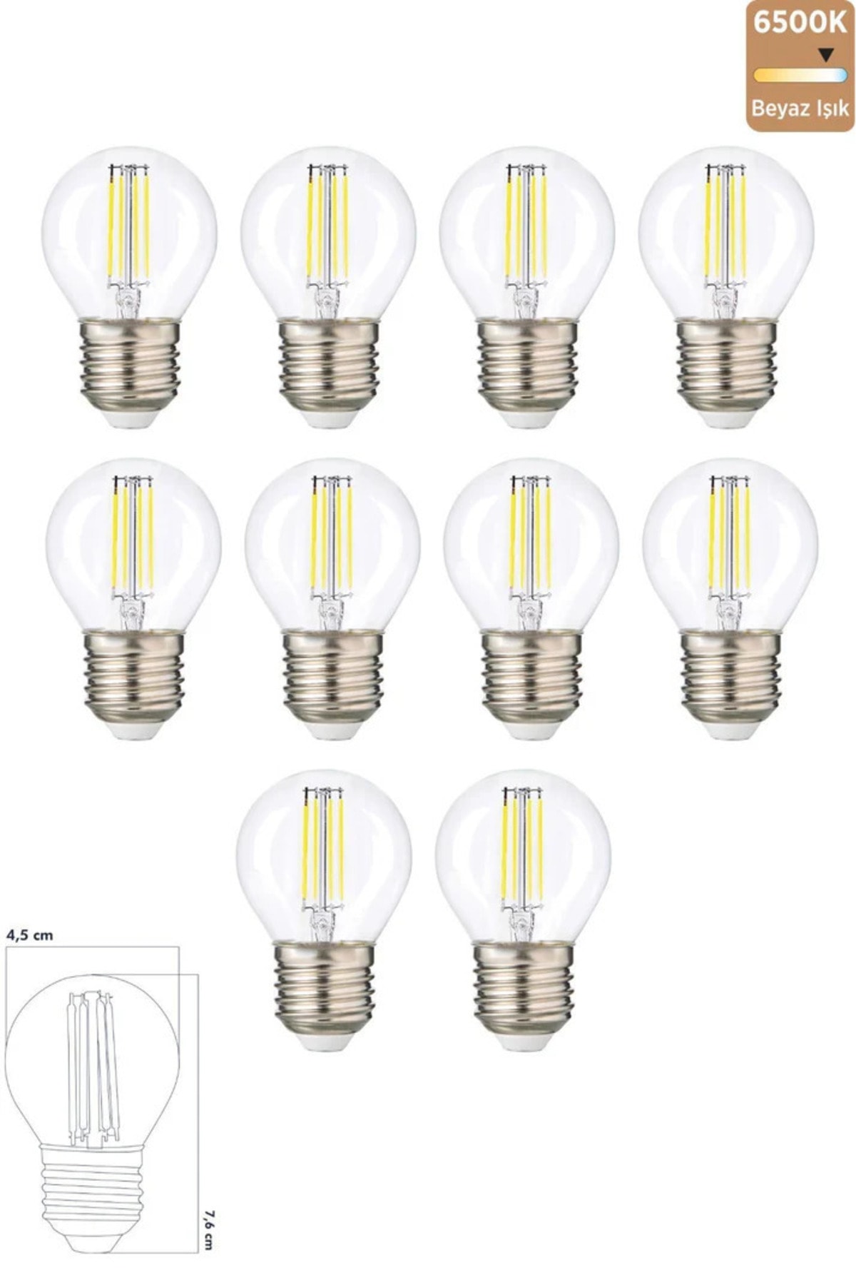 10 AdetvG45 Şeffaf Cam E27 Mini Led Ampul - 6500 Kelvin Beyaz