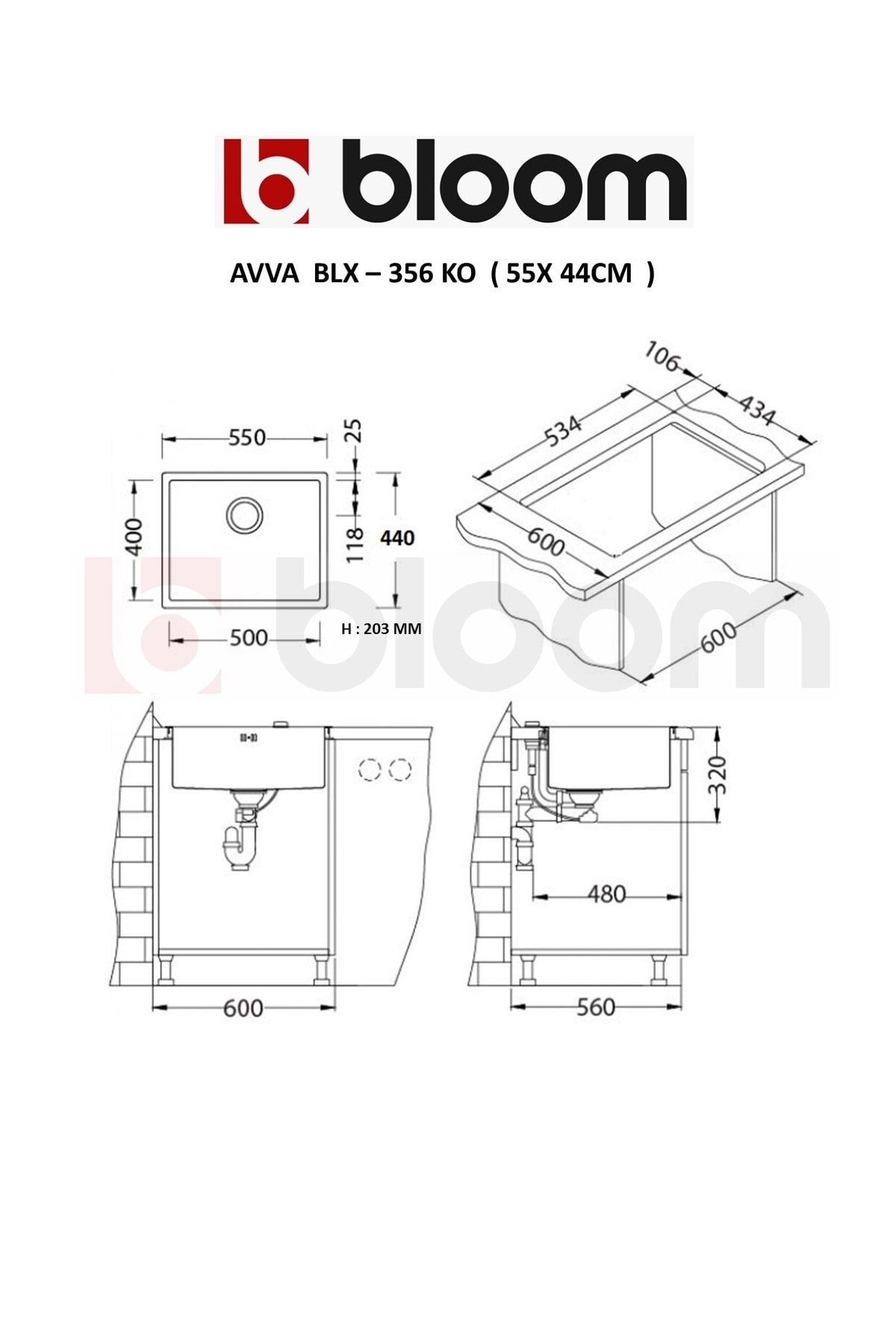 Avva 1 Gözlü 40 x 50 cm Paslanmaz Çelik Evye 1 mm Kalınlık Düz İnox