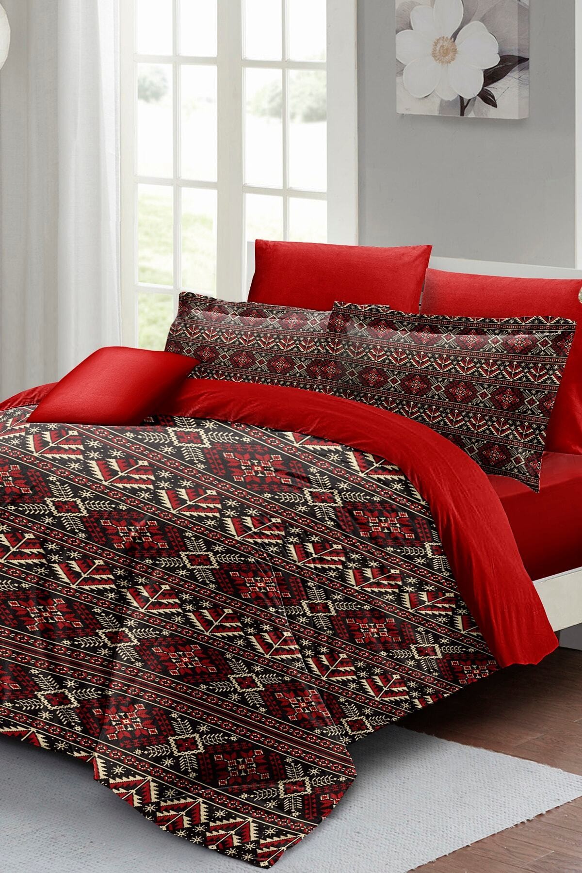 Kıng Sıze Çift Kişilik Nevresim Takımı %100 Pamuk Saten Red Old Design 220x240cm