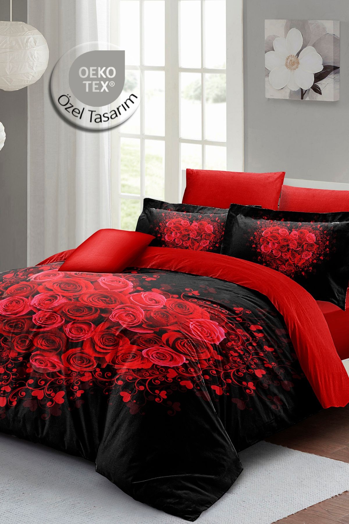 Çeyizlik Kalpli 3d Nevresim Takımı | %100 Pamuk Saten Rose Black Çift Kişilik