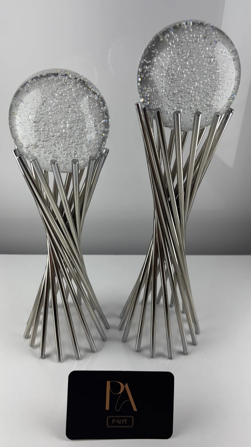 Gümüş Kabarcık Küre 2'li Metal Biblo Obje Ev Aksesuar Masa Konsol Orta Sehpa Dresuar Salon Ofis Dekor