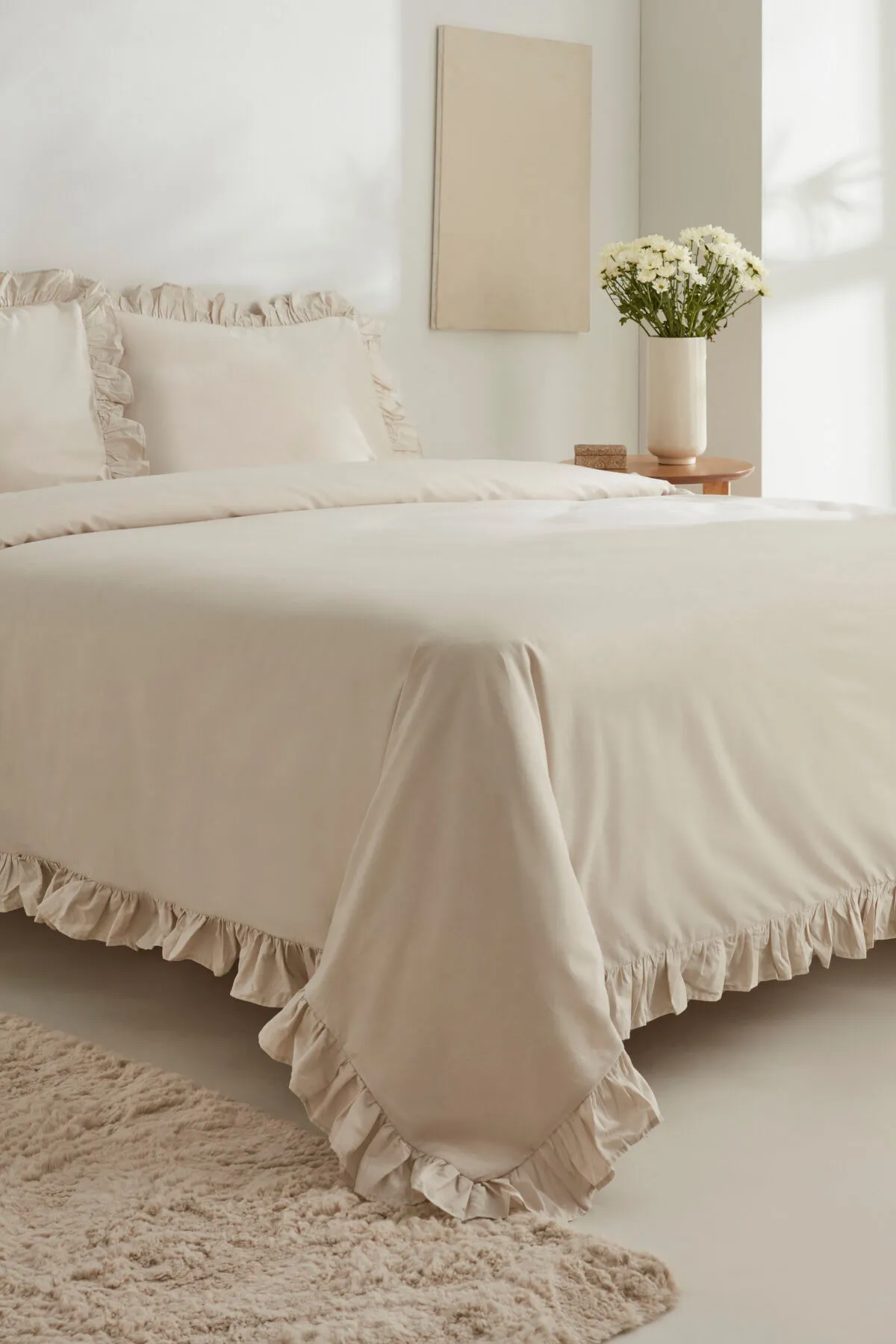 Pure Ruffle %100 Pamuk King Size Nevresim Takımı Ekru