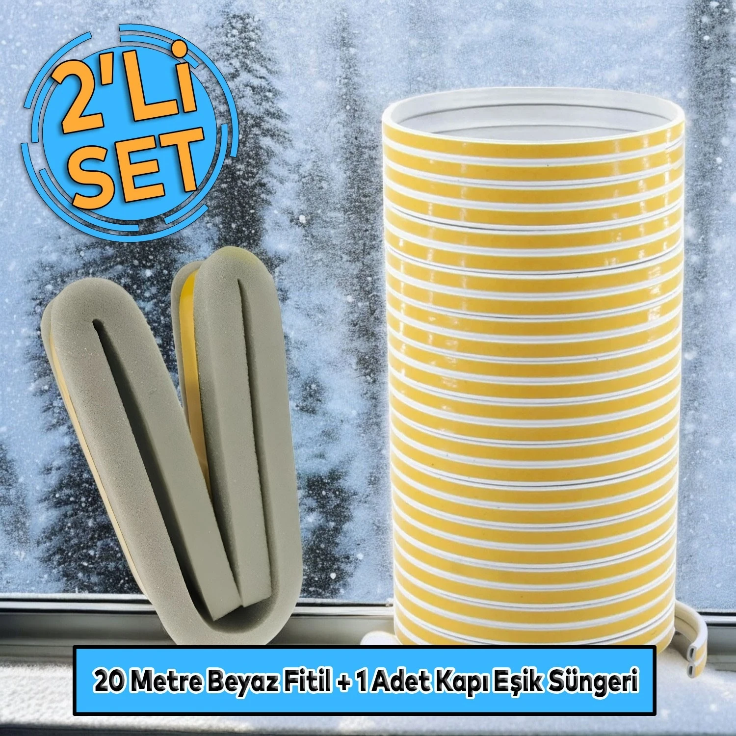 Kapı Pencere Bandı Fitili Yapışkanlı Beyaz Soğuk İzolasyon Bant 10X2=20 Metre + Eşik Süngeri 2'li Set