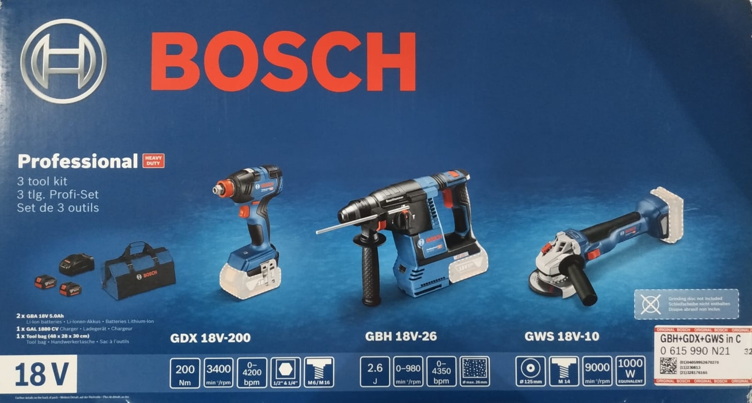 BOSCH Profesyonel Set: Akülü Kırıcı-Delici Gbh 18V-26 + Akülü Darbeli Vidalama/somun Sıkma Makinesi Gdx 18V-200 + Akülü Avuç Taşlama Makinesi Gws 18V-10 + 2 x 5.0 Ah Akü Çanta Içinde