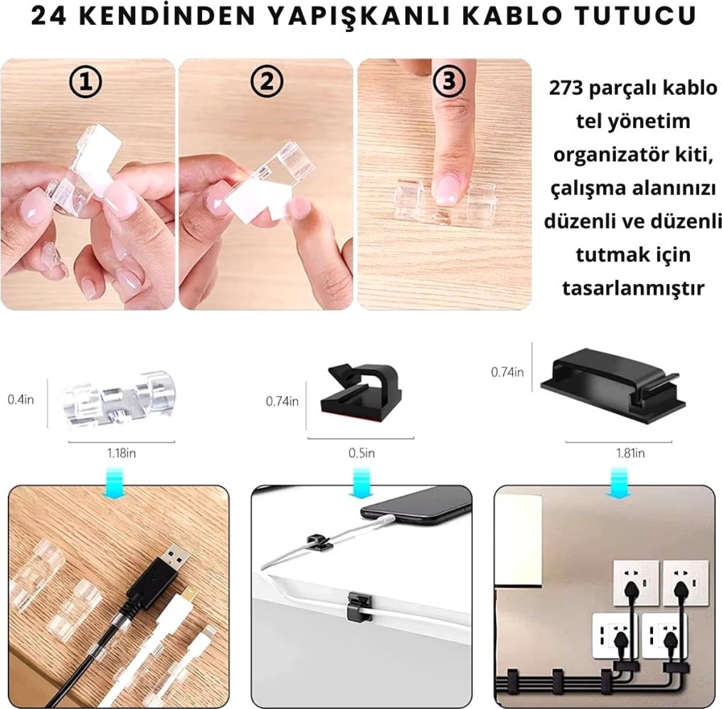 Profesyonel 273 Parça Kablo Organizatör Masa Kablo Tutucu Kablo Sarıcı Kablo Tutucu Koruyucu