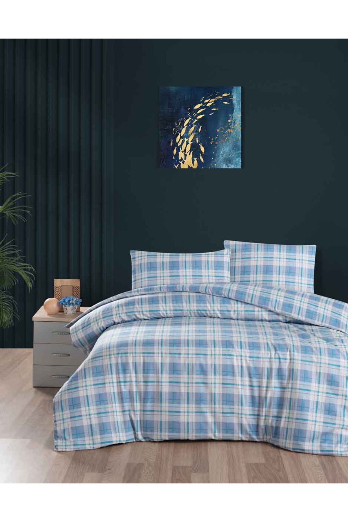 Cotton Collection Flanel R Tek Kişilik Nevresim Takımı Harvest Mavi