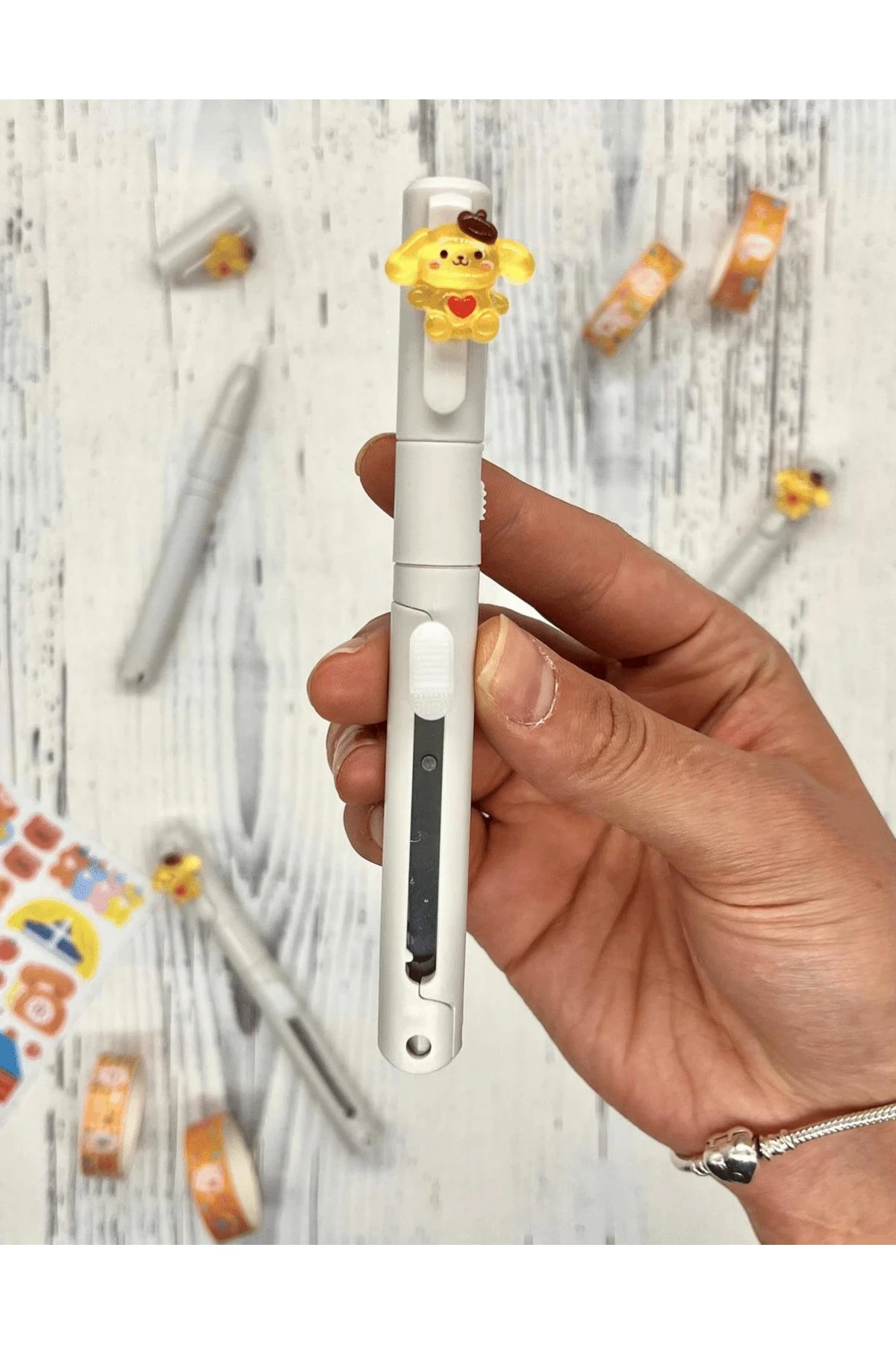 Sanrio Purin Karakterli Gri Kalem Görünümlü Çift Uç Tasarım Makas Ve Maket Bıçağı/Falçata