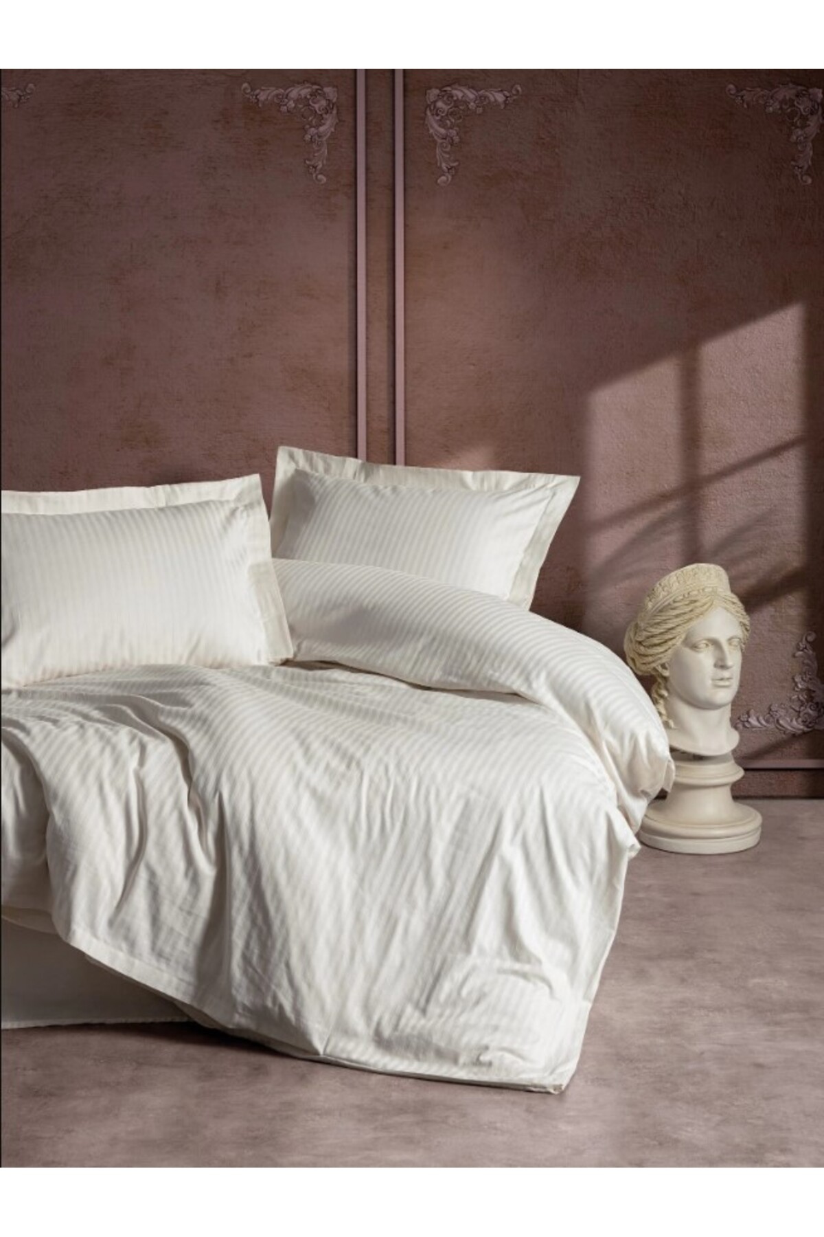 Elegant Stripe Saten Çift Kişilik Nevresim Takımı Bej