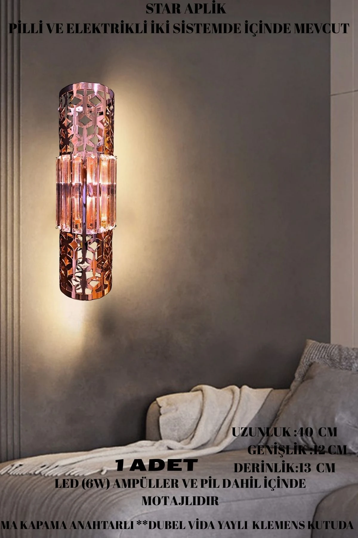 Star Aplik Rose, Pilli Aplik, Anahtarlı, Pilli Elektrikli Ledli Duvar Aplik, Gece Lambası