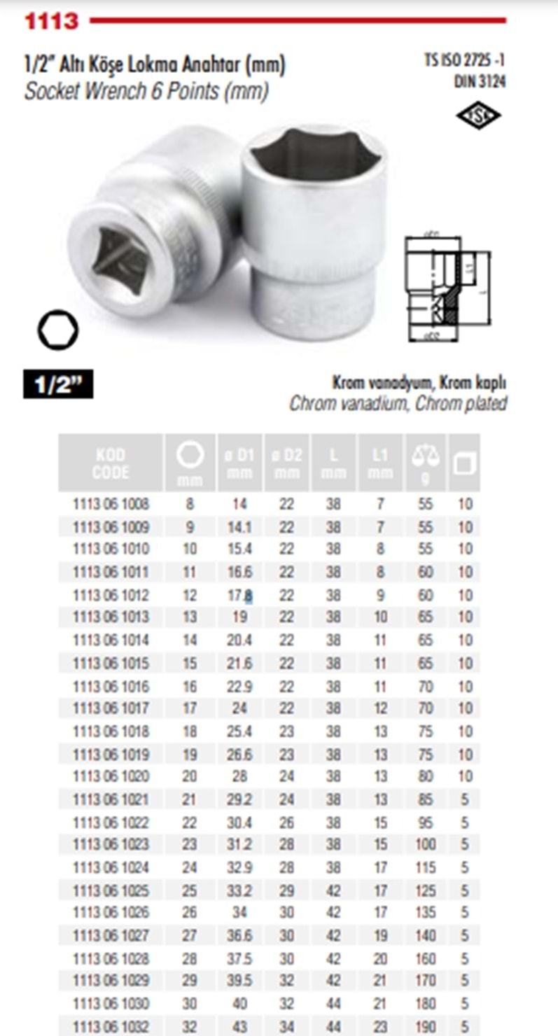 10 mm 1/2 Altı Köşeli Lokma Anahtar 1113 06 1010