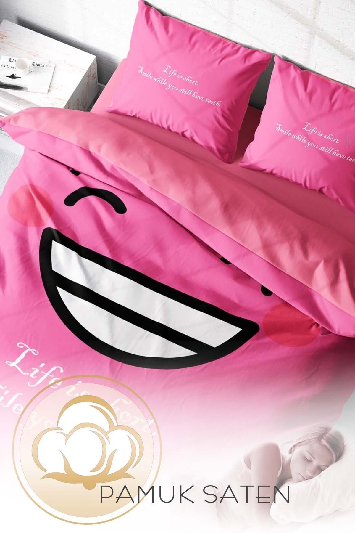 Nevresim Takımı %100 Doğal Pamuk Çift Kişilik 3d Digital Smile Mottom