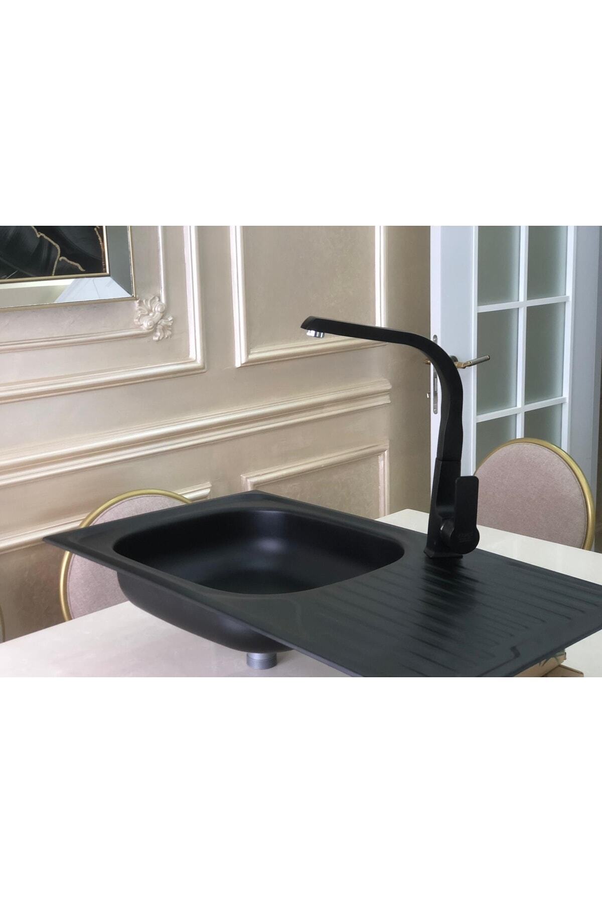 Siyah Grenli Granit Desen Kaplamalı Sağ Damlalıklı 43.5 X 76cm Ölçülerinde Paslanmaz Evye