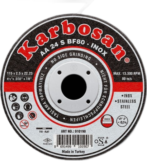 KARBOSAN Paslanmaz Çelik (Inox) Kesme Diski TIP:T41 Düz Ebat (MM):125 x 1.0 x 22.23 ARTIKEL:910400 Evsaf:aa 54 R BF80 Çevresel Hız (M/s):80 25 Adet