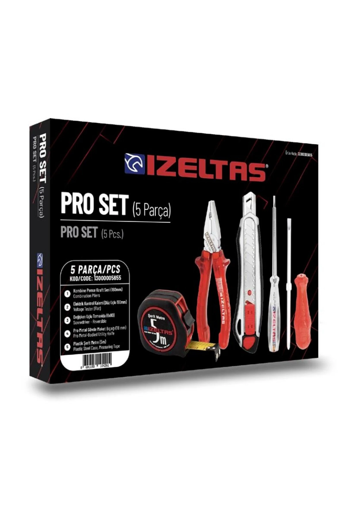 5'li Pro Set 5 Parça Kraft Pense 160mm Kontrol Kalemi Tornavida Maket Bıçağı Şerit Metre