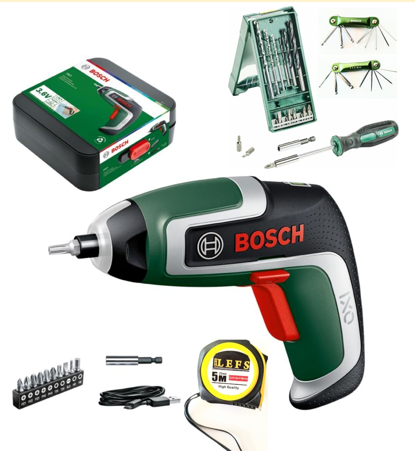 BOSCH Ixo 7 Akülü Mini Vidalama , X-Line 15 Parça Mini Aksesuar Seti ,allen Set, Tornavida ve Metre