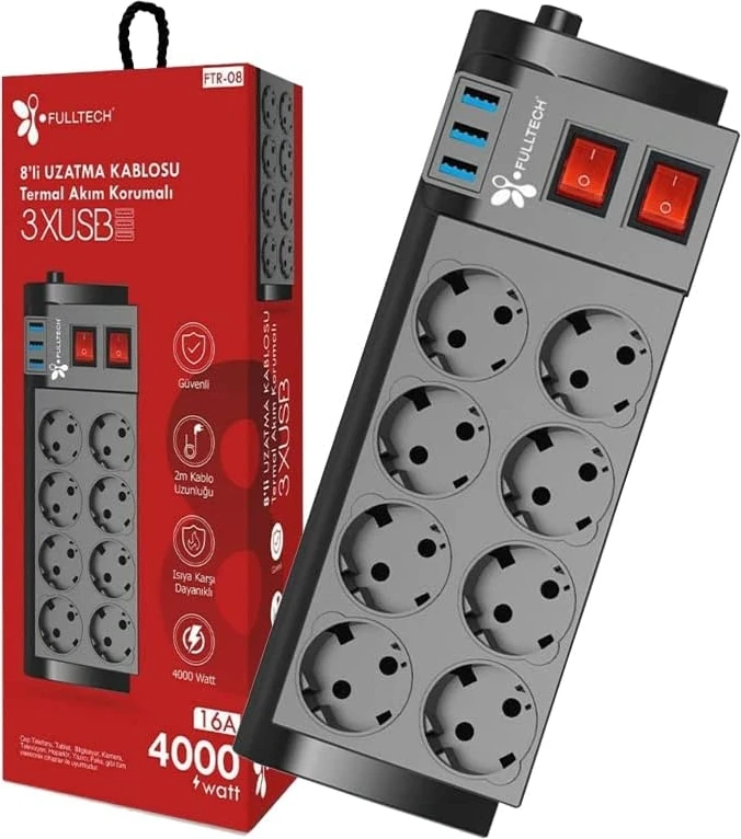 Akım Korumalı 8'li Priz, Karşı Dayanıklı, 8 x Priz - 3 x USB - 2 Metre Kablo Uzunluğu,