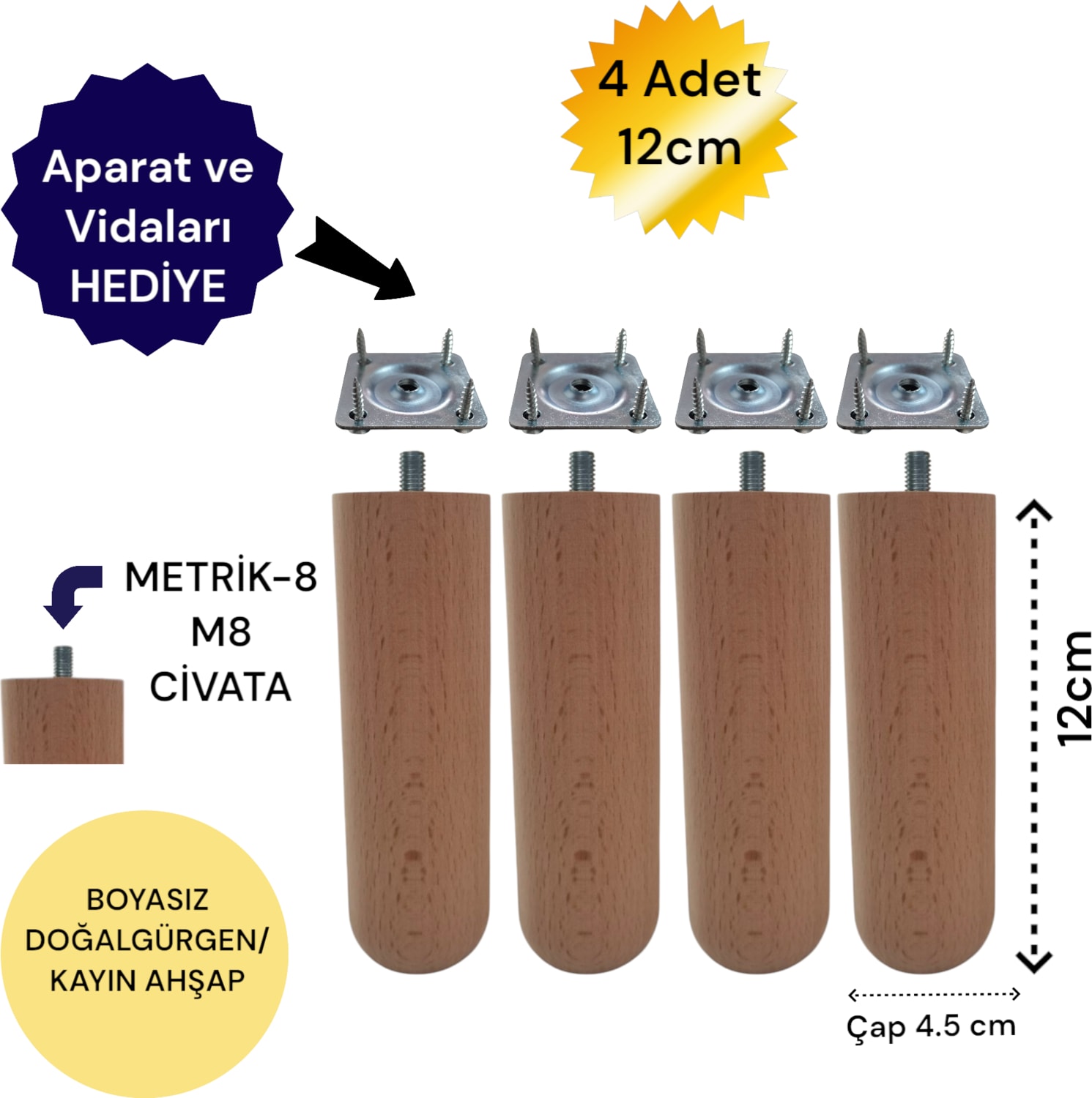 4'lü 12 cm Oval Ahşap Ayak Bohem Tarz Koltuk Ayağı Baza Ayağı Tv Ünitesi Ayağı 3301000000887