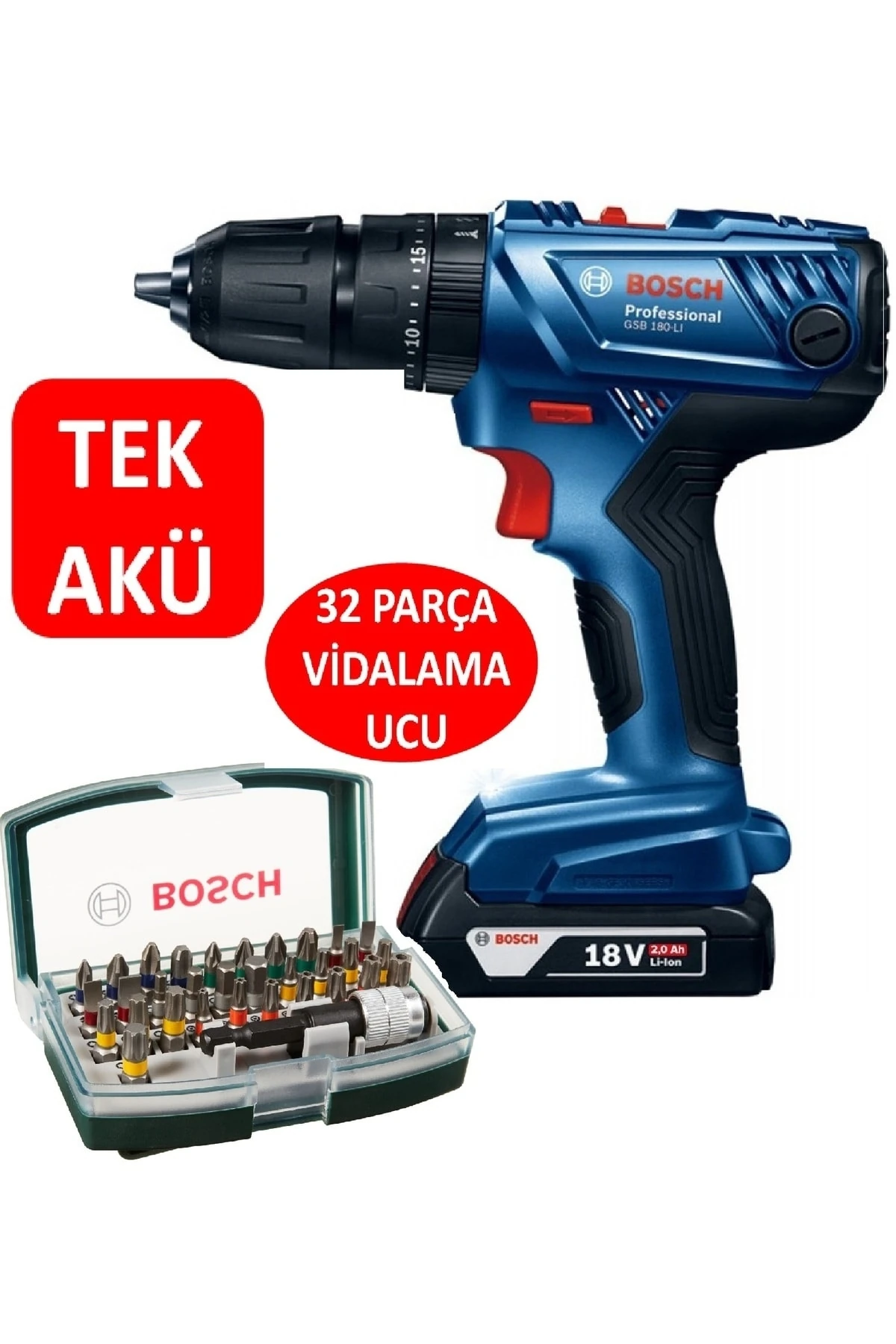 Tek Akülü Şarjlı Matkap Darbeli Matkap 18V Akülü Vidalama +  32 Parça Vidalama Ucu Seti