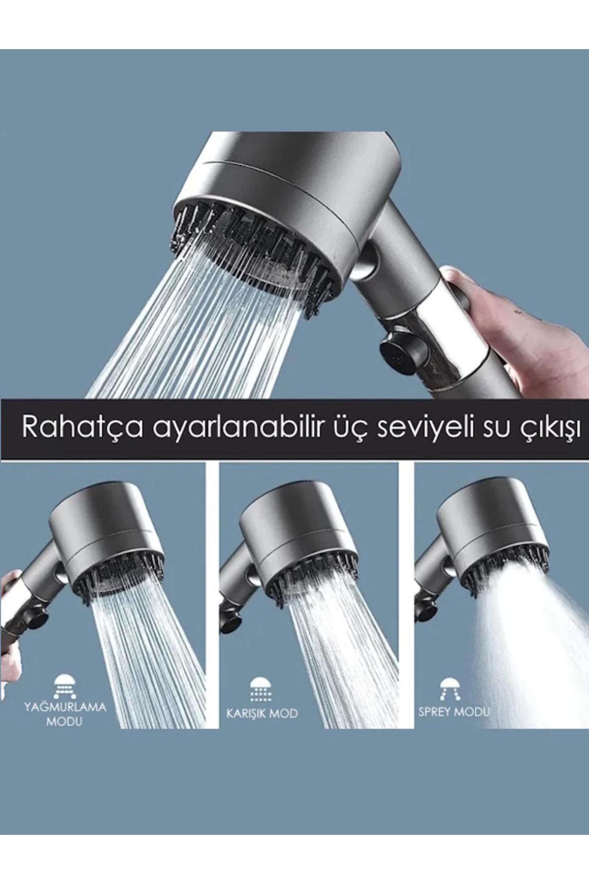 3 Fonksiyonlu Antrasit El Duşu ve Yedek 3 Filtreli Masajlı