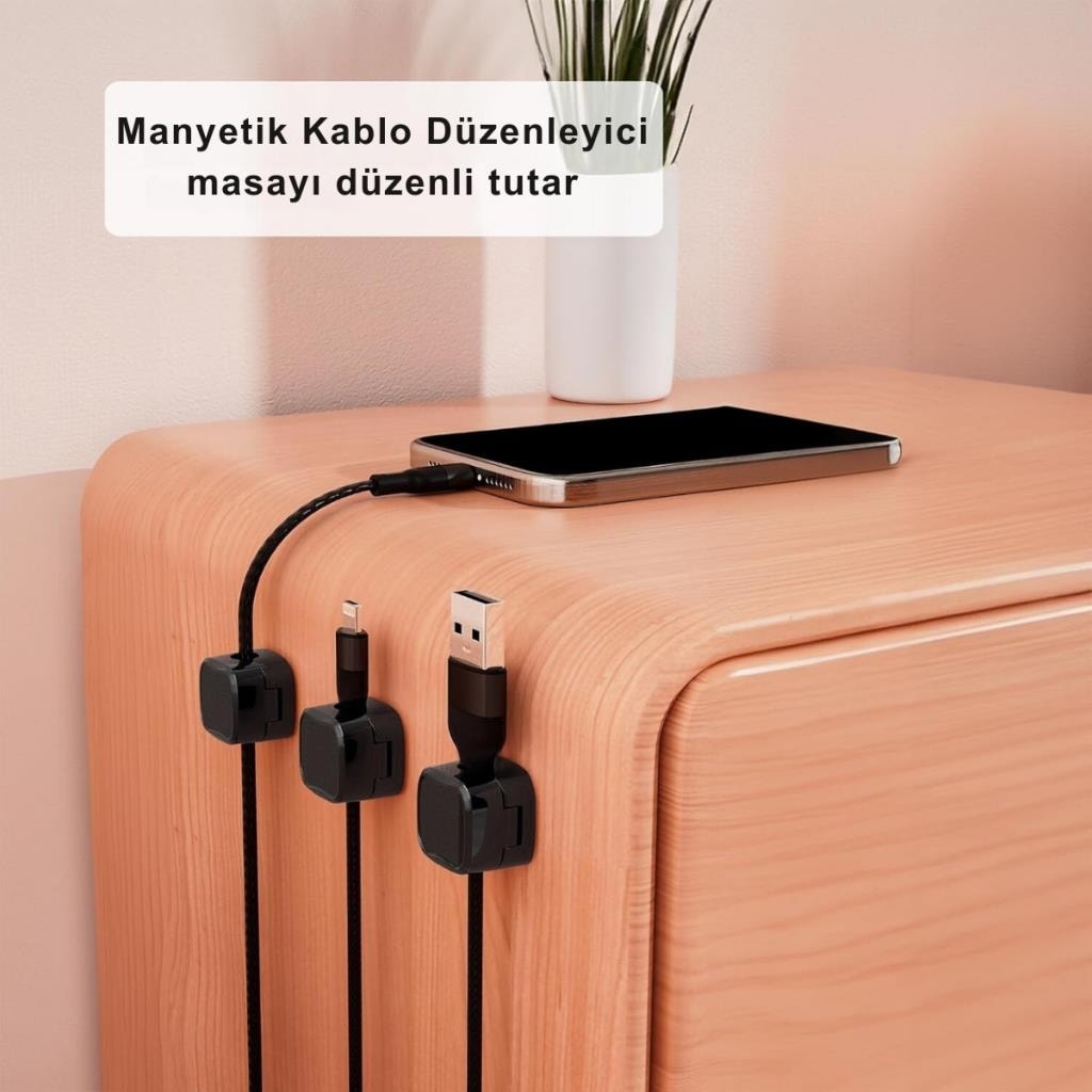 6 Adet Set Yapışkanlı Manyetik Kapaklı Kablo Düzenleyici Organizer, Ev, Ofis, Kablo Düzenleyici