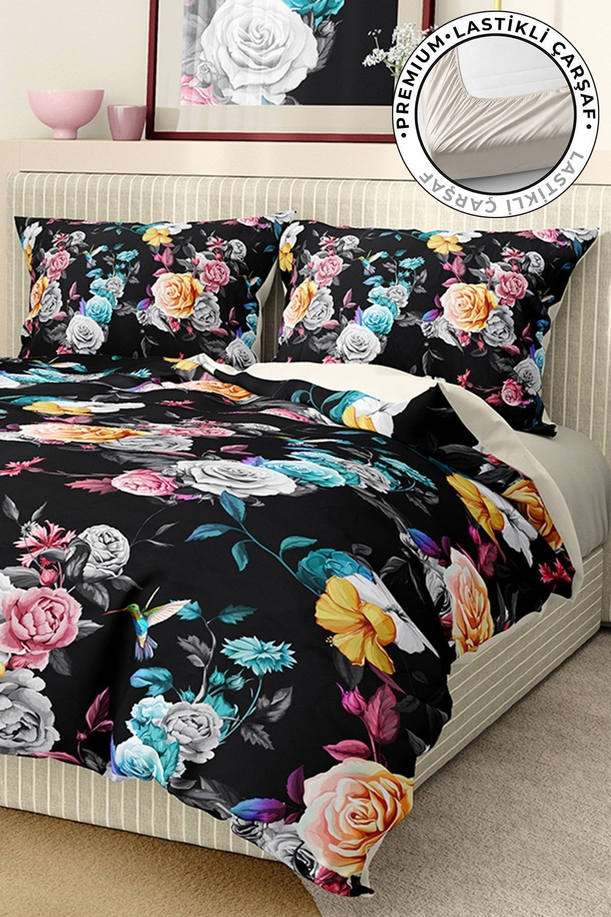 %100 Pamuk Saten Nevresim Takımı Lastikli Çarşaf Deluxe Çift Kişilik 3d Black
