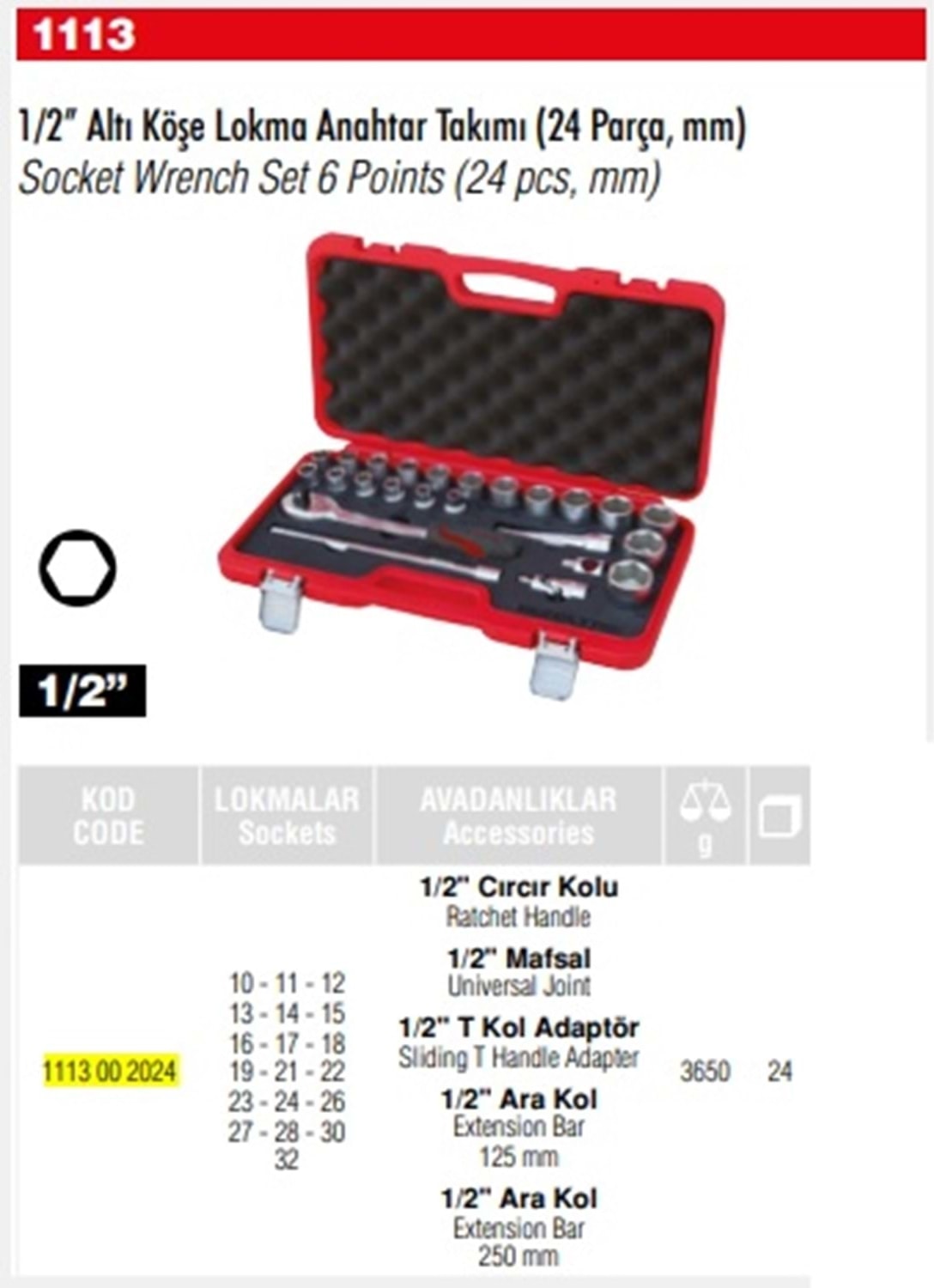1/2 24 Parça Altı Köşeli Lokma Anahtar Takımı 1113002024