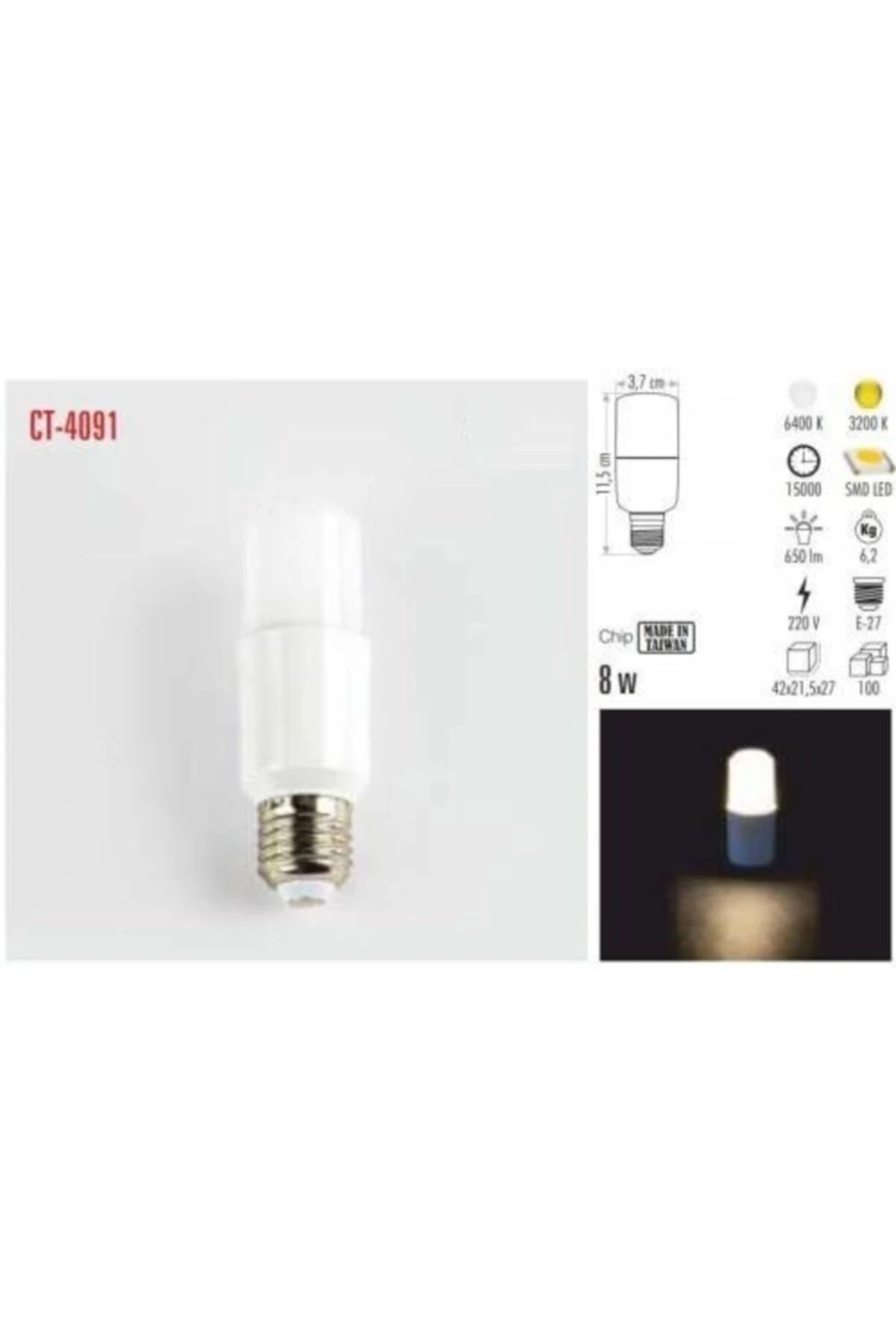 Ct-4091 8w Led Buji Ampul E27 Duy Beyaz - Gün Işığı