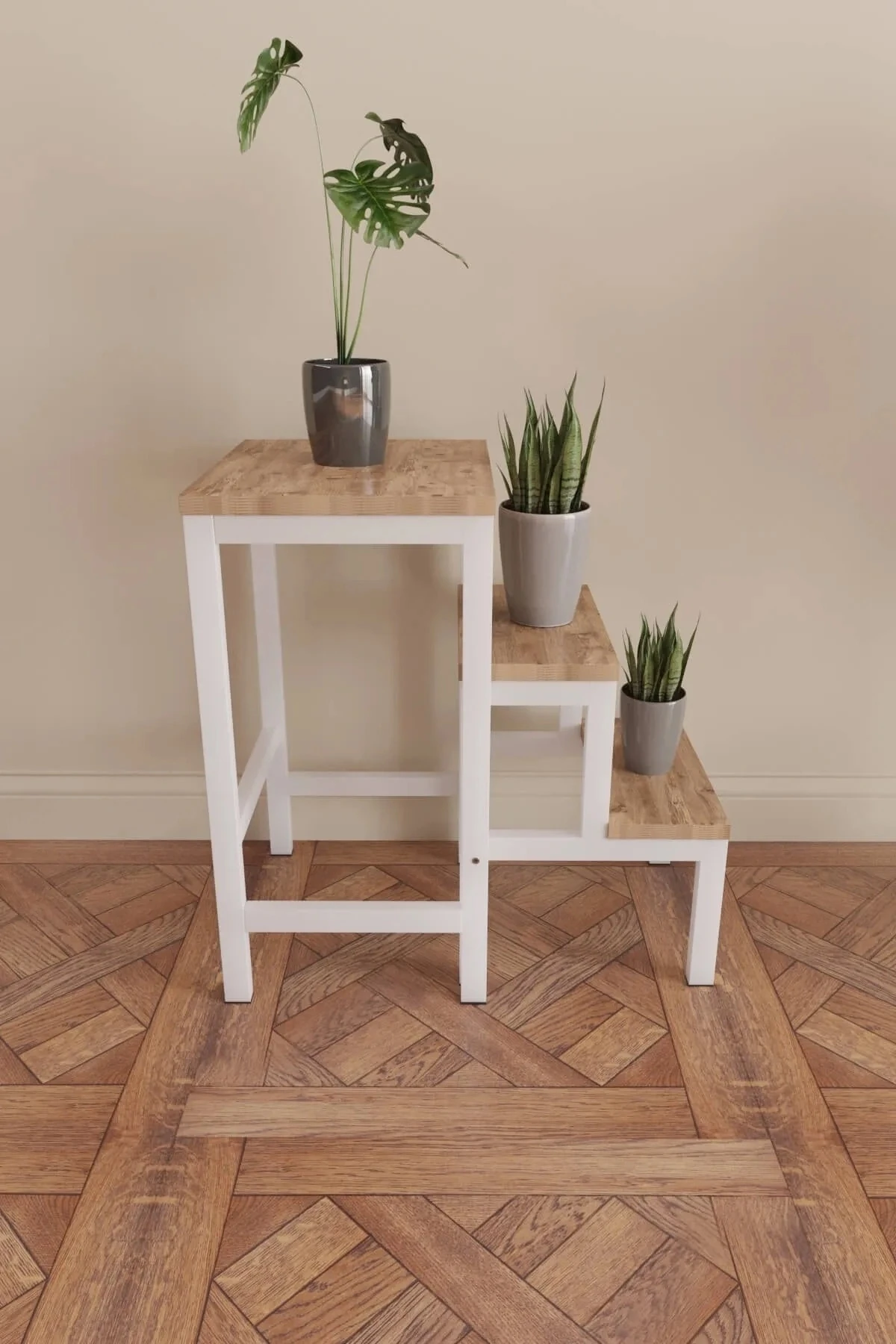 Katlanabillir Metal Ahşap Basamaklı Tabure Merdiven Çiçeklik Çok Amaçlı Tabure Beyaz