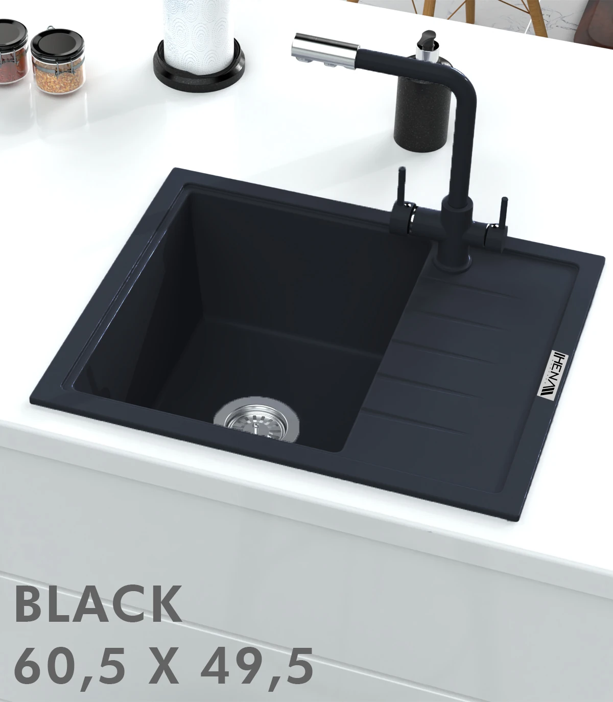 Granit Eviye 1 Gözlü Damlalıklı Siyah 60 x 50 Kuvars