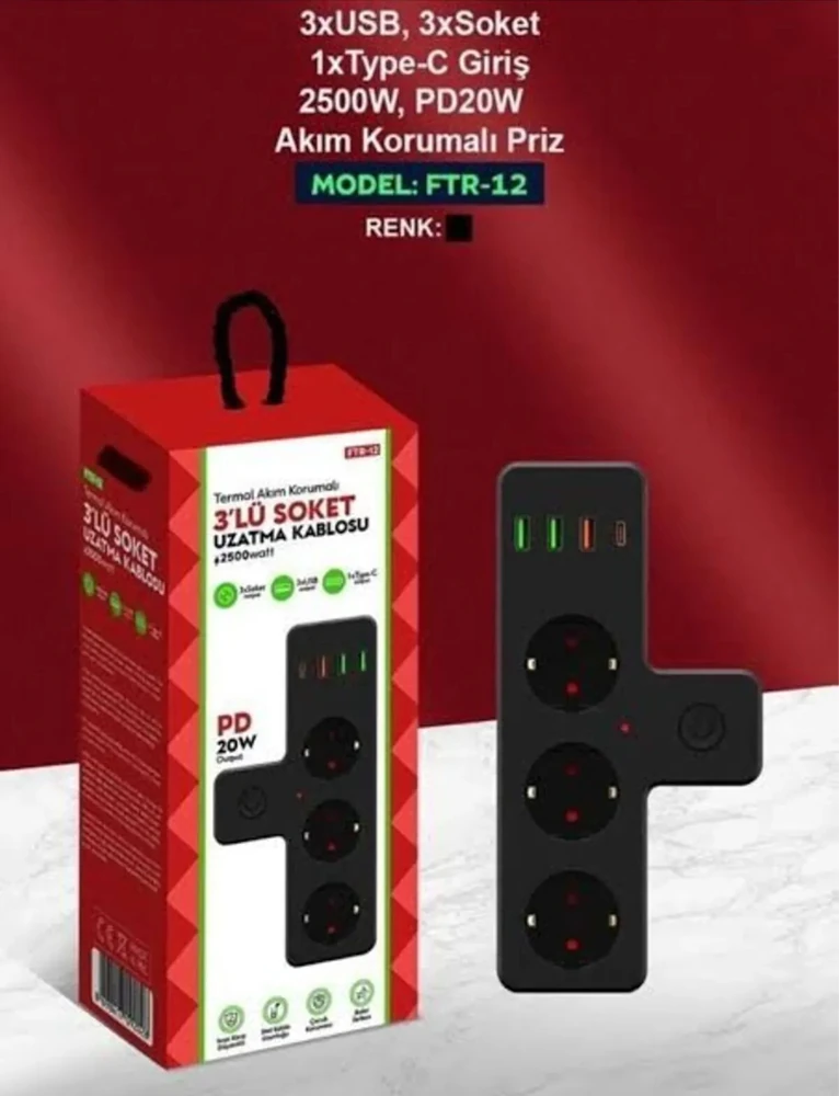 3'lü Akım Korumalı Priz Çoğaltıcı 2500W 3xusb 2.4A 1xtype-C