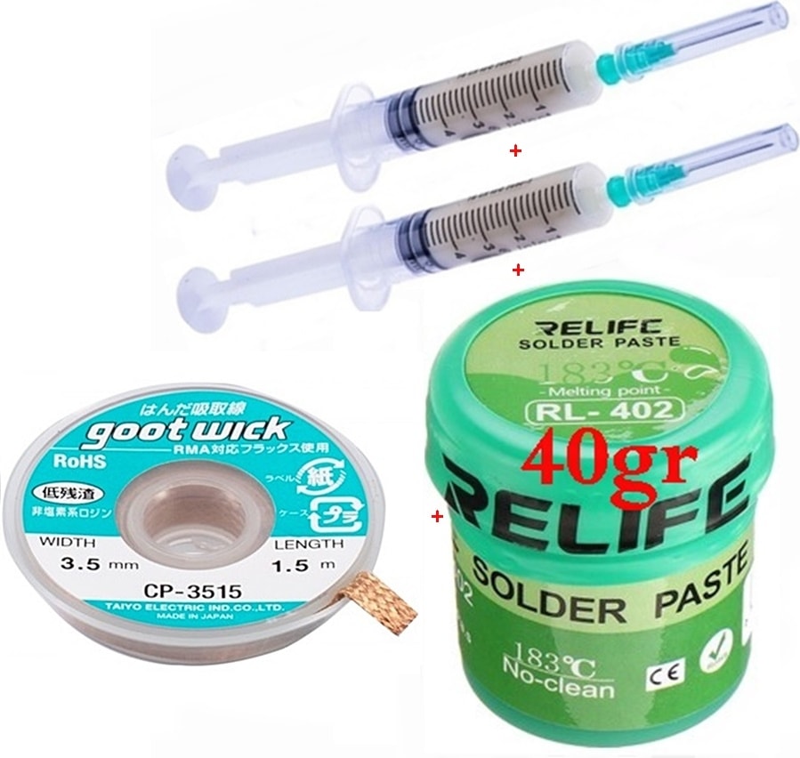 Relıfe RL-402 Krem Lehim Paste 183°C 40G ve Flux Lehim Toplama ve Cp 3515 Emme Teli Seti