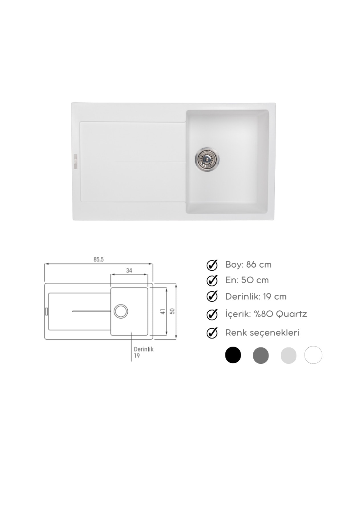 Granit Evye Beyaz Tek Gözlü Mutfak Evyesi 86 X 50 Cm