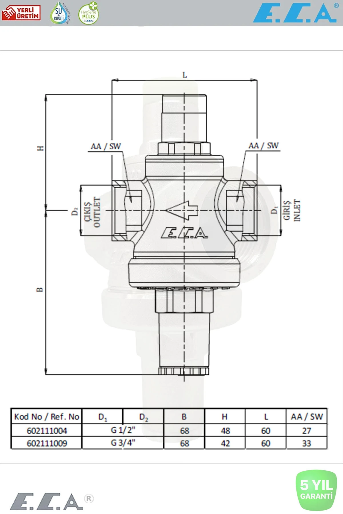 E.C.A 1/2" Basınç Düşürücü Valf Pistonlu 602111004
