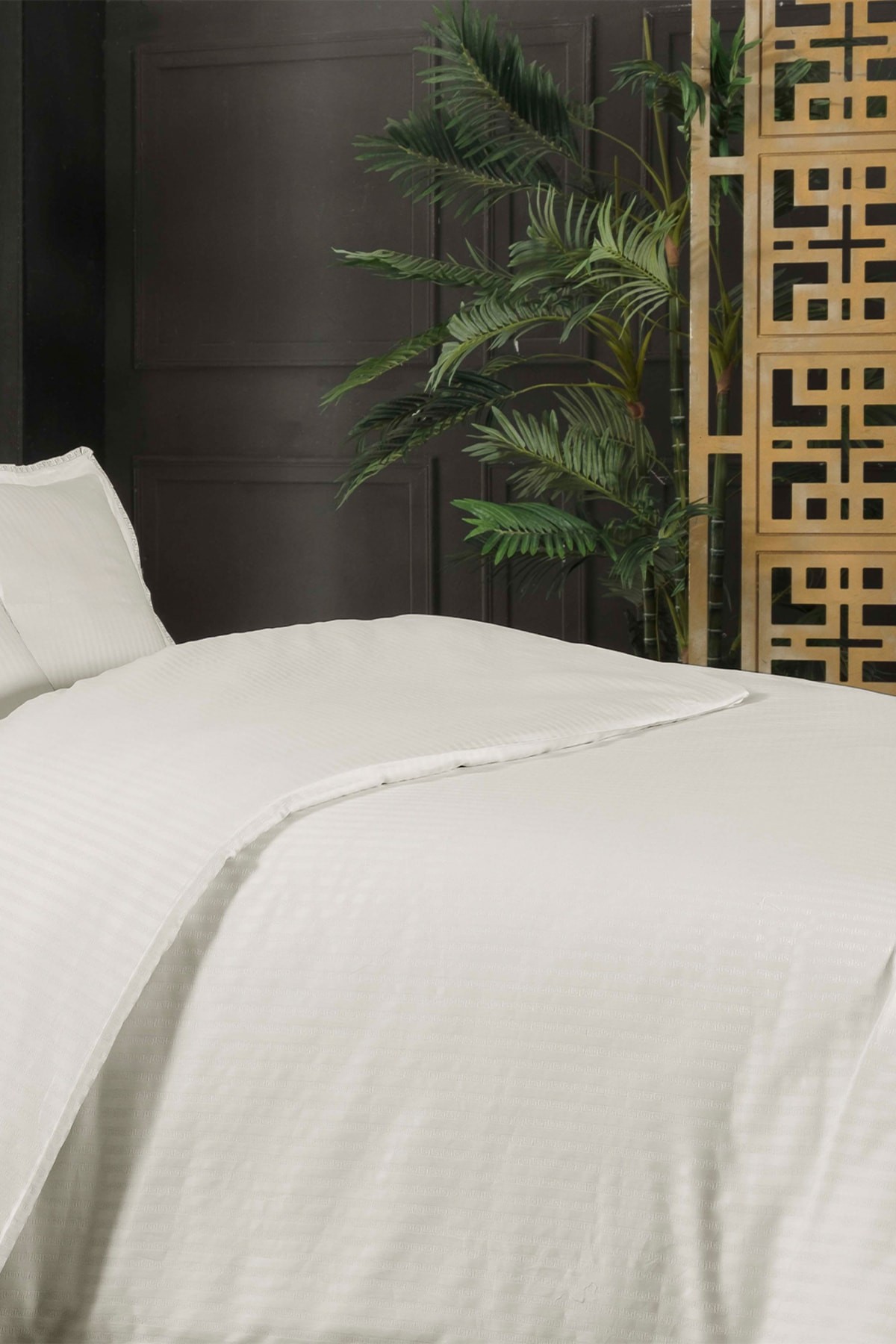 Jacquard Stripe Ekru Çift Kişilik 260 Tc %100 Pamuk Saten Nevresim Takımı