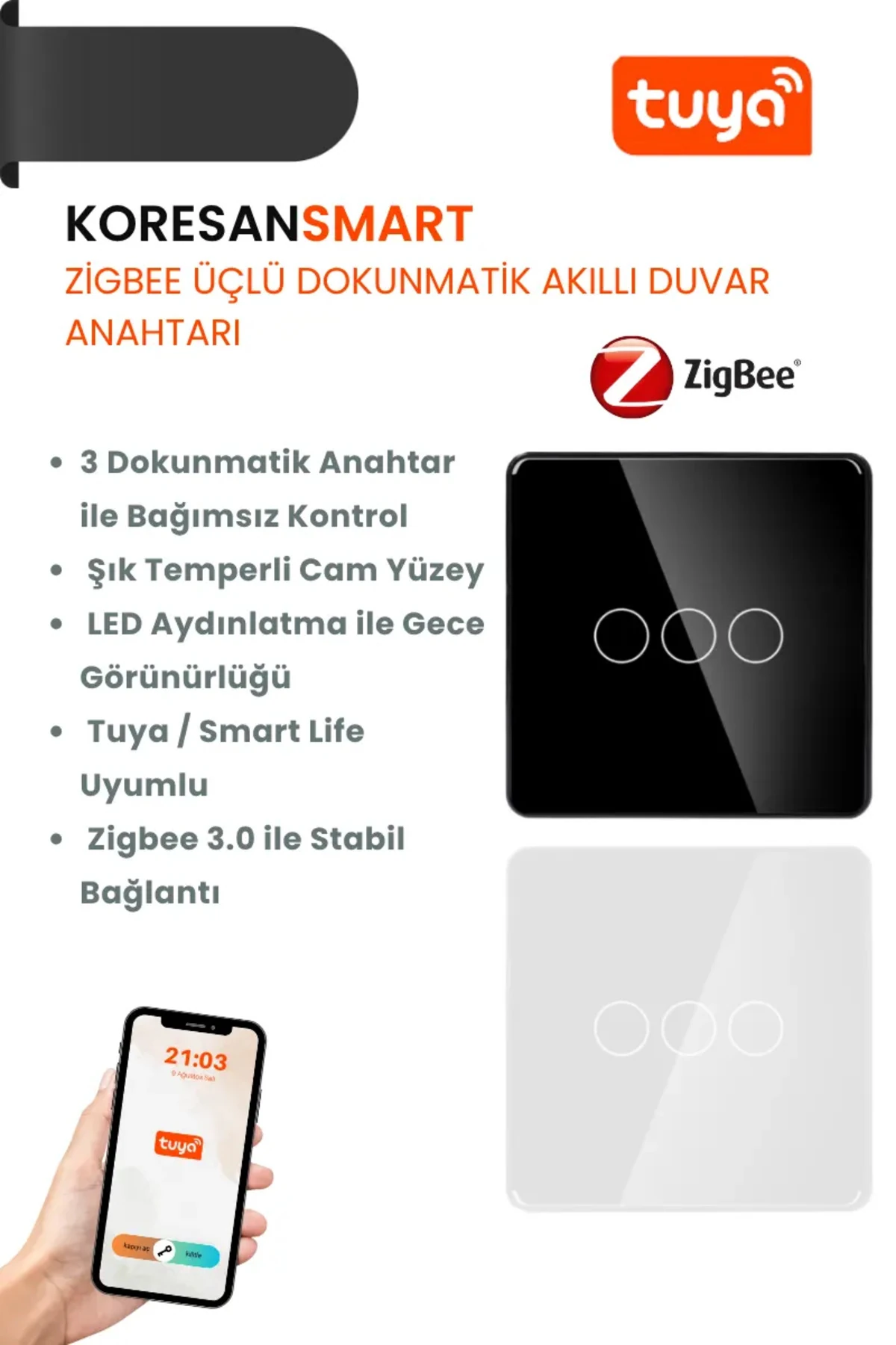 Tuya Zigbee Üçlü Dokunmatik Akıllı Duvar Anahtarı