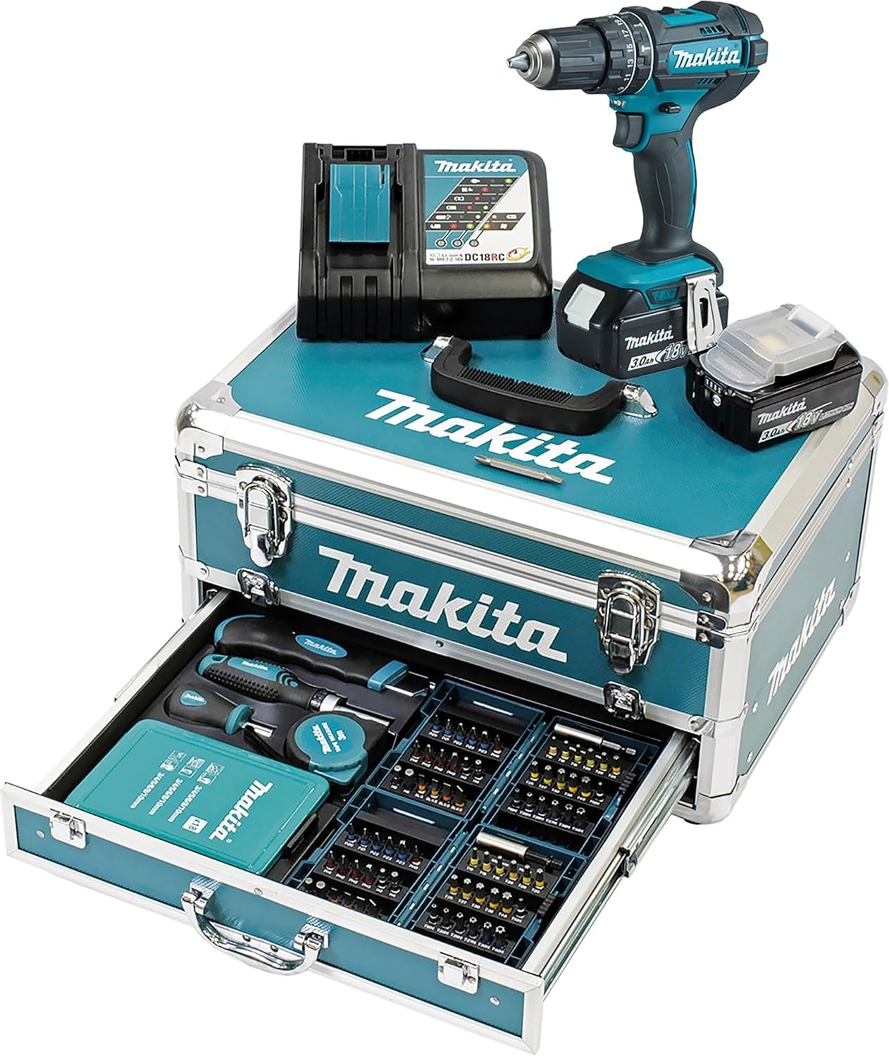 MAKİTA DHP482RFX9 Akülü Darbeli Matkap 18 V / 3,0 Ah, 2 Akü + Şarj Cihazı Alüminyum Çantada + 96 Parçalı Aksesuar Seti