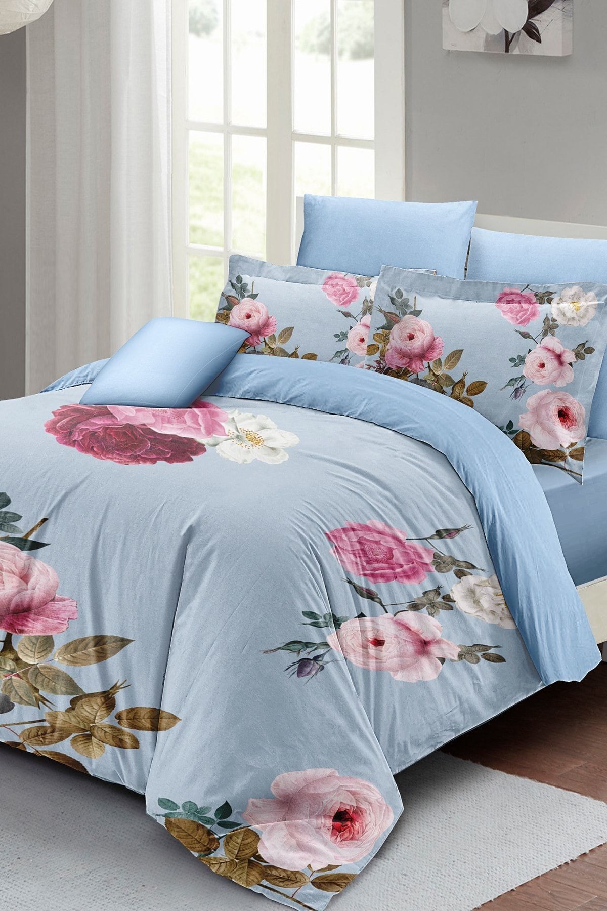 Blue Flower Çift Kişilik Nevresim Takımı 3d Pamuk Saten