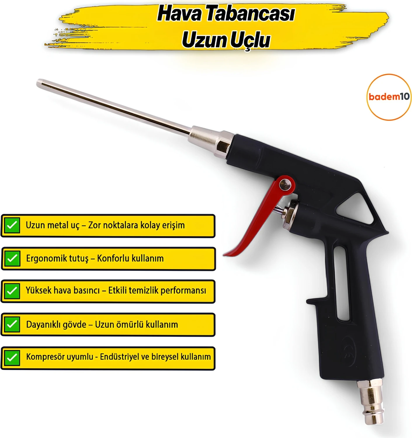 Uzun Ağızlı Uçlu Hava Üfleme Tabancası Profesyonel Temizlik Toz Giderme Tabancası Kompresör 12 cm